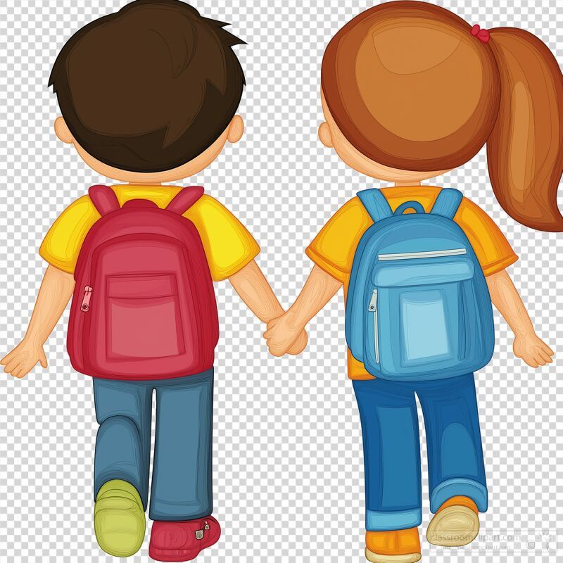 Two cheerful children stroll together holding hands each wearing a vibrant backpack. They enjoy a sunny day showcasing friendship and adventure in a playful atmosphere.