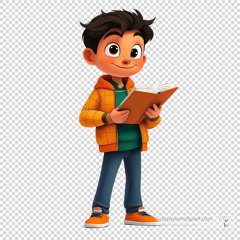 A cheerful young character stands confidently, holding an open book Dressed in a cozy orange jacket, he displays a friendly smile, inviting children to explore the joy of reading This illustration captures the essence of imagination and adventure