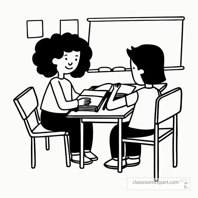 Two children are working together at a table in a classroom One child is helping the other with school assignments The atmosphere is focused and supportive