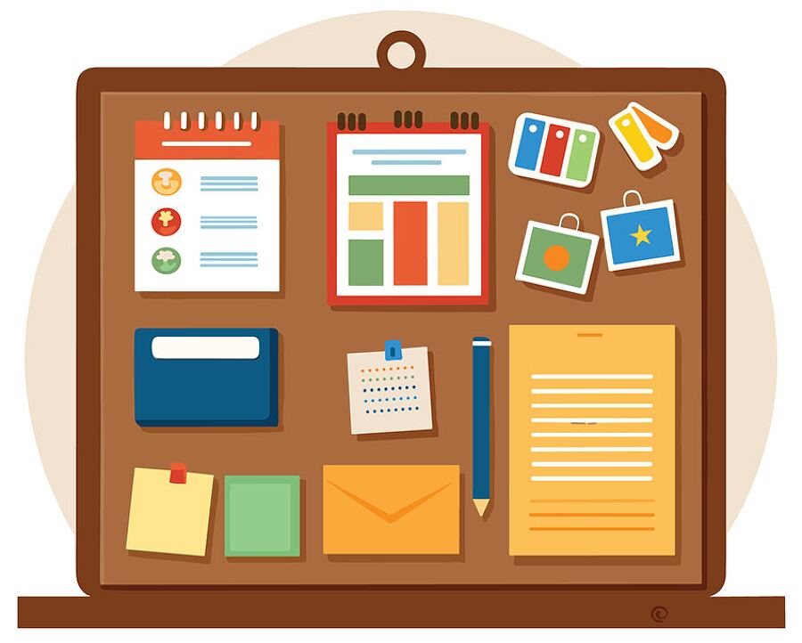 bulletin board illustration with colorful papers sticky notes envelopes and school supplies for classroom use