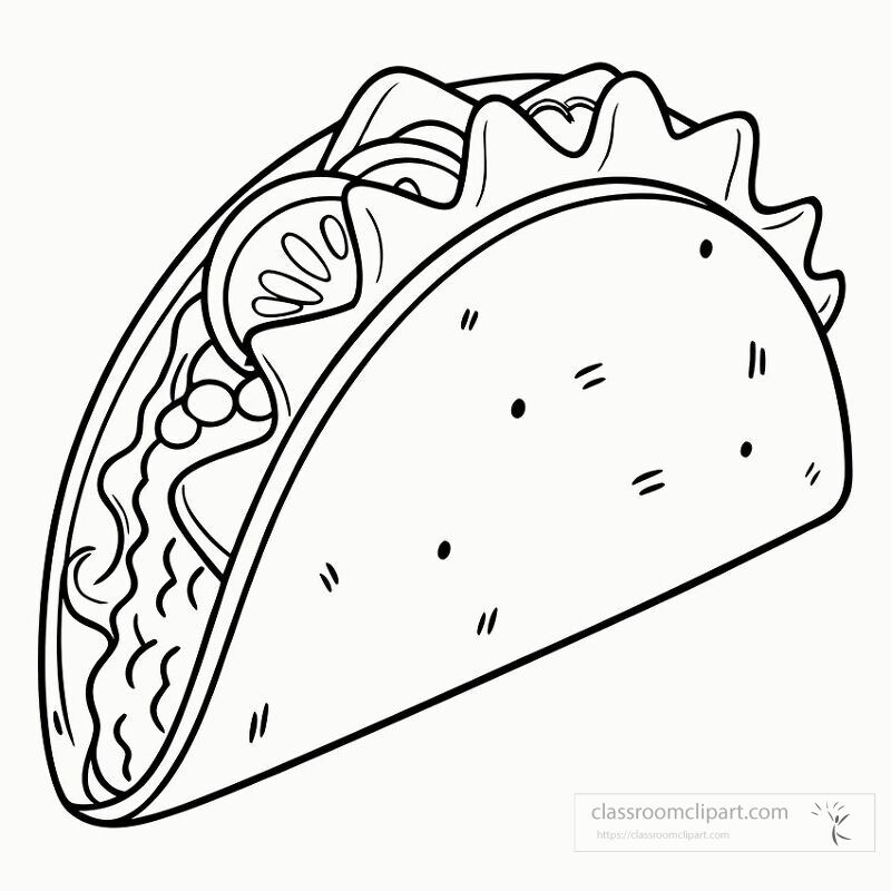 A black outline illustration of a taco featuring various ingredients such as lettuce and tomato The design is simple and placed on a white background emphasizing its details