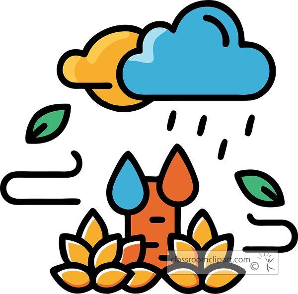 A colorful illustration depicting a tree with orange bark surrounded by yellow leaves, under a blue cloud and sun, with rain falling and green leaves blowing in the wind.