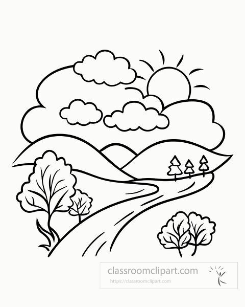 Enjoy coloring a serene valley with clouds and vibrant trees.