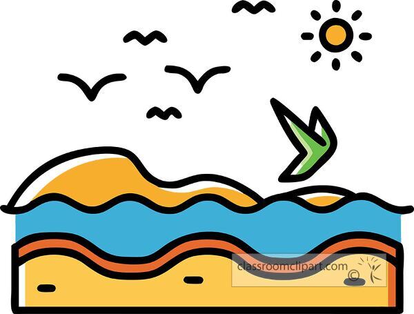 A colorful illustration depicting a beach scene with waves, sand, a sun, and birds in the sky. The design features bright colors and simple shapes, creating a cheerful atmosphere.