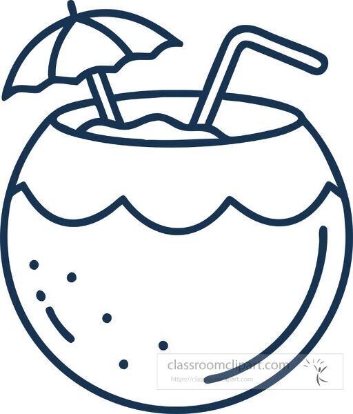 Simple line illustration of coconut water in a shell with straw