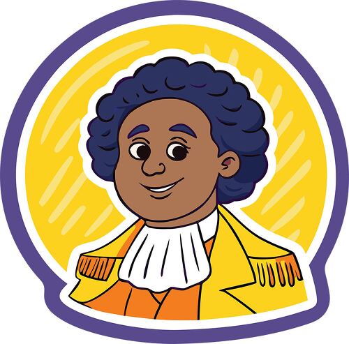 A cartoon sticker of a historical leader in a yellow colonial-style coat with a white cravat and curly hair