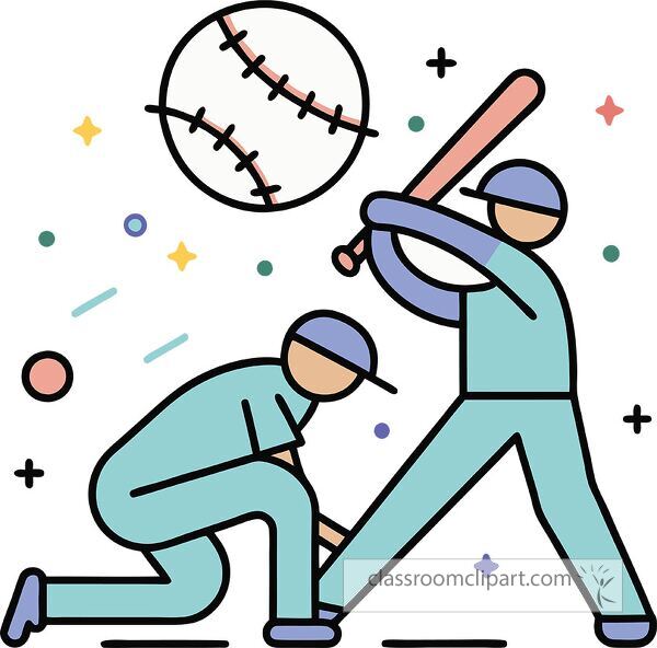 A colorful illustration of two baseball players in action. One player is batting while the other is crouching, ready to catch. A baseball is flying above them, surrounded by decorative elements.