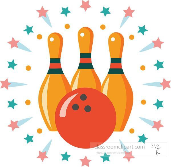 Bright bowling ball rolls towards colorful pins in playful design Clip Art