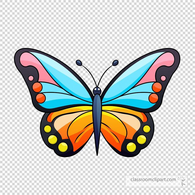 Brightly colored butterfly displays vivid blues pinks oranges and yellows Its wings are intricately designed showcasing patterns that evoke a joyous and playful atmosphere