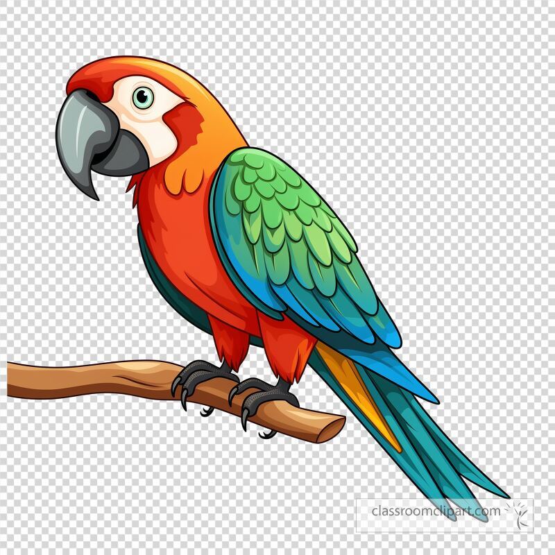 A vibrant cartoon parrot displays bright red and green feathers while resting on a natural branch This cheerful bird features a friendly expression and elongated tail feathers