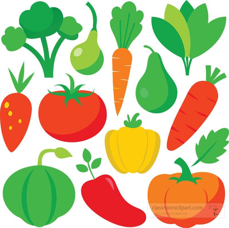 This vector illustration features a variety of fresh vegetables including broccoli carrots peppers and tomatoes The vibrant colors and shapes represent a healthy lifestyle and farming