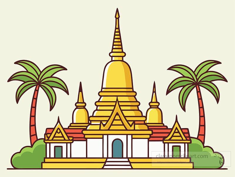 A vibrant pagoda with a golden dome and intricate details is surrounded by lush greenery and tall palm trees The bright colors make this design eye catching and serene