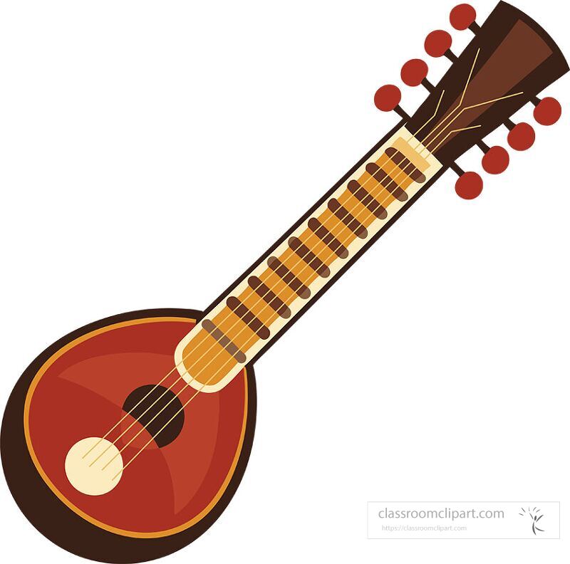 This clip art features a vibrant sitar showcasing its unique shape and intricate details The background is a solid color highlighting the beauty of this traditional musical instrument