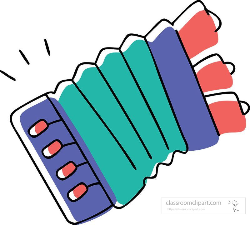 This vibrant clip art showcases a stylized accordion featuring bold colors and playful lines The design captures musical energy and creativity perfect for various projects