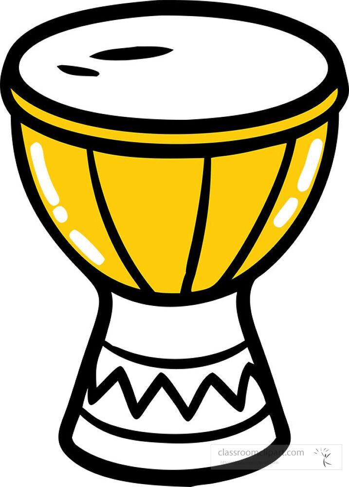 This clip art features a vibrant yellow African djembe drum with a white drumhead and decorative patterns on its base The design showcases the importance of rhythm in cultural music