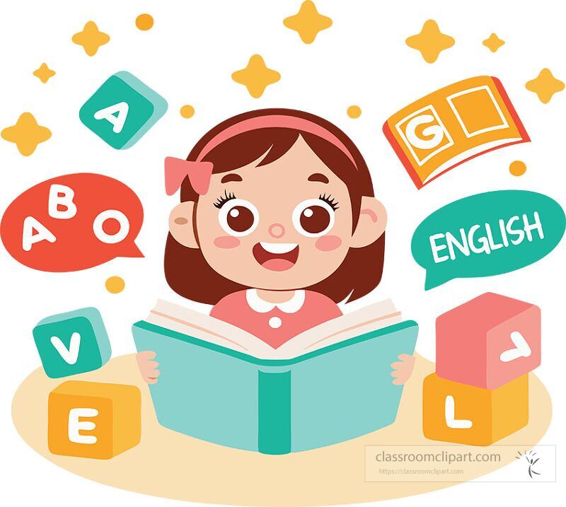 A cheerful girl with a bow reads a book filled with learning elements Colorful letters and speech bubbles emphasize her engagement with the English language creating a fun atmosphere