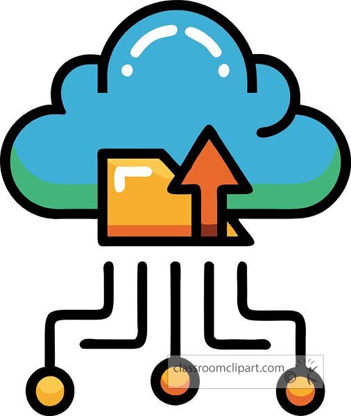 Playful cloud storage graphic features vibrant colors and bold outlines