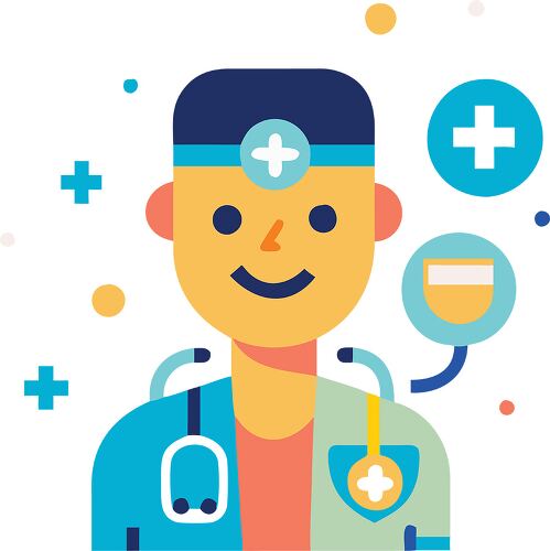 A colorful illustration of a smiling doctor wearing a stethoscope and a medical coat