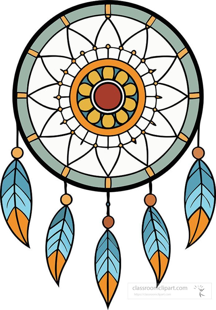 This artwork features a vibrant dreamcatcher with large circles and detailed patterns The design includes striking colors and flowing feathers capturing a sense of tranquility