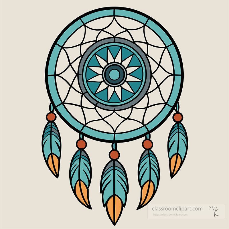 A vibrant dreamcatcher features a large circle with intricate patterns and bold outlines Colorful feathers hang below adding to its decorative charm and cultural significance