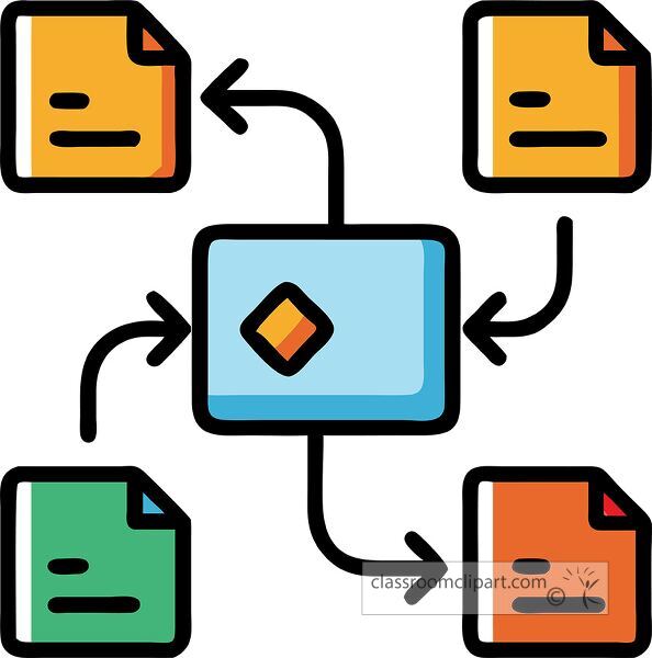 Colorful flat design illustrating a git repository interconnected with documents