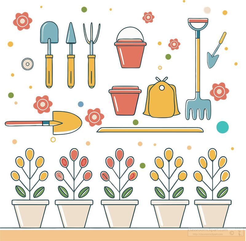 A vibrant collection of gardening tools and supplies laid out, featuring pots, seeds, and plants, capturing the essence of nurturing and cultivating a beautiful garden.