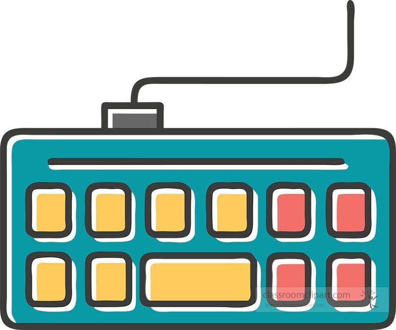 A colorful graphic representation of a keyboard layout with distinctive colored keys This design features a blend of yellow red and blue tones emphasizing creativity