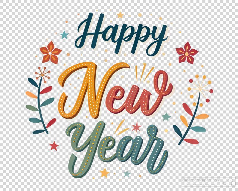 Colorful Happy New Year Text Design With Floral Accents