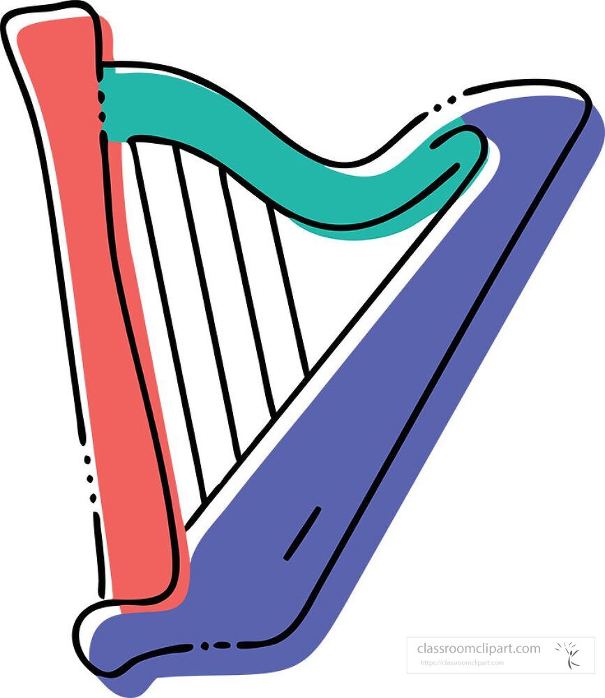 A vibrant illustration of a harp featuring bold colors and smooth lines The intricate details showcase the instruments strings and frame emphasizing its artistic design