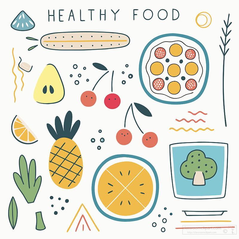 This vibrant artwork showcases a variety of healthy foods, including fruits, veggies, and grains. Playful shapes and colors inspire a fresh approach to nutrition and well-being.