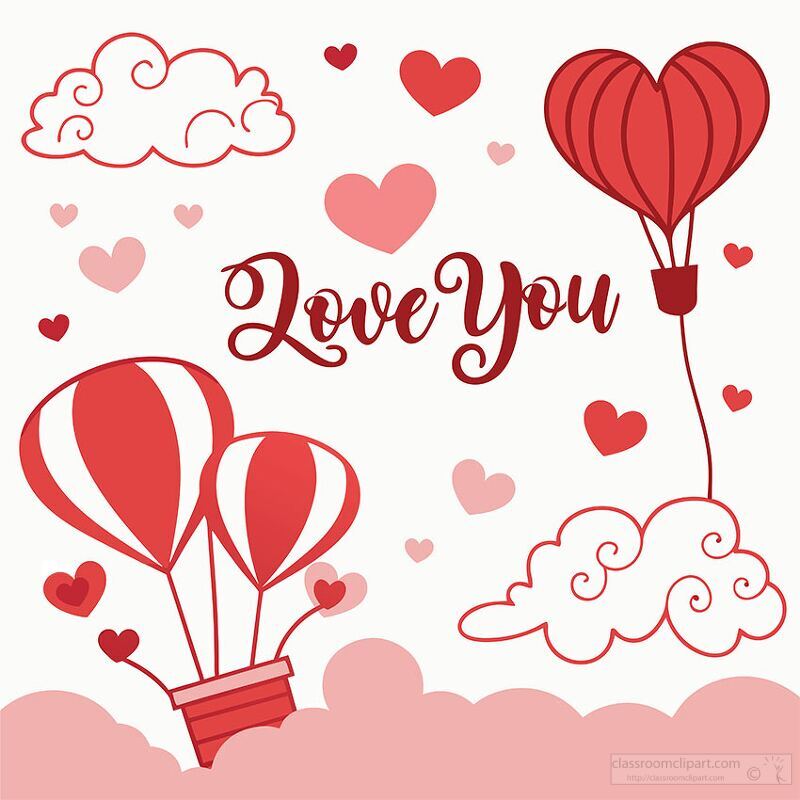 A whimsical valentine background features heart shaped balloons ascending into the sky amongst fluffy clouds radiating love and joy throughout the scene.