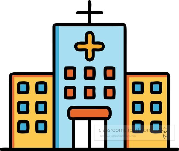 A colorful illustration of a hospital building featuring a cross symbol on top and a large entrance. The structure has multiple windows and a modern design.