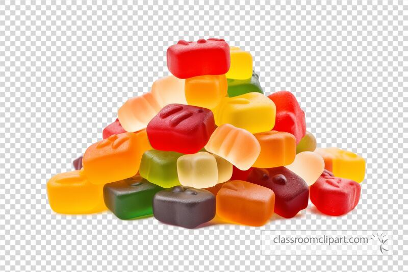 A vibrant assortment of jelly candies in various colors shapes and sizes forms a playful pile The sweet treats exhibit a mix of translucent hues adding to their appeal