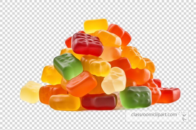 A vibrant assortment of chewy jelly candies is piled together showcasing a range of colors including red yellow green and orange Perfect for candy lovers of all ages