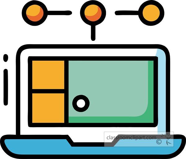 Stylized laptop icon features vibrant colors and geometric shapes suggesting technology.