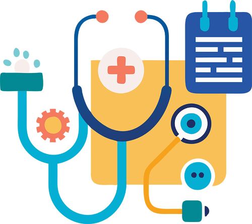 A colorful illustration featuring medical elements such as a stethoscope a clipboard with a medical chart