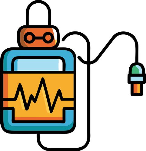 A colorful illustration of a medical IV bag with a waveform design