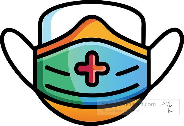 A colorful illustration of a medical mask with a red cross symbol, representing health and safety. The mask features a blend of blue, green, and orange colors, emphasizing a modern design.