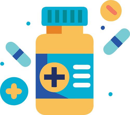 A colorful illustration of a medicine bottle surrounded by various pills and capsules