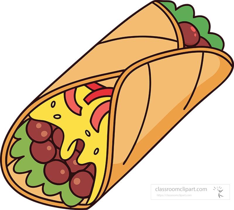 A vibrant clip art representation of a Mexican burrito filled with beans cheese lettuce and peppers The burrito rests on a clean white background showcasing its appetizing appearance