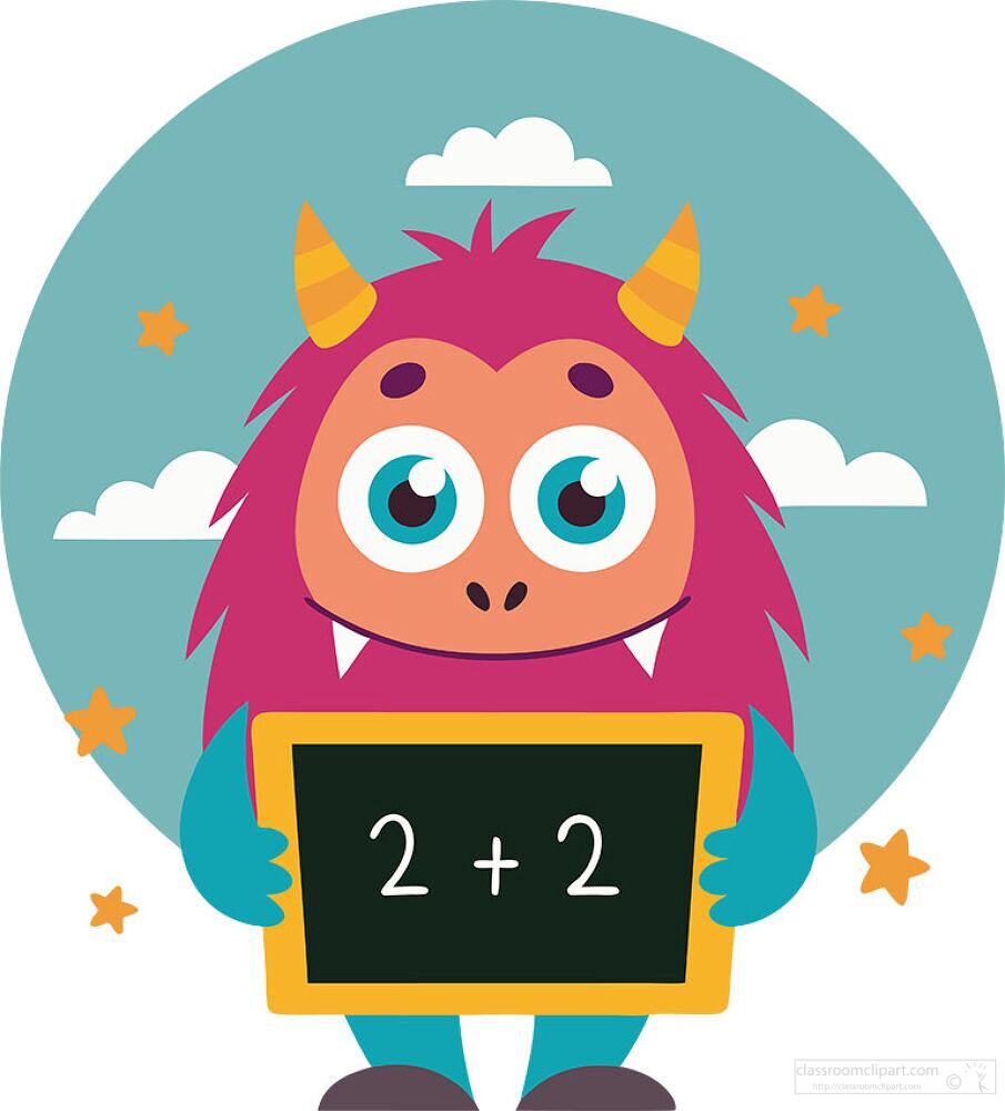 A playful monster with bright colors is solving a simple math problem on a chalkboard under a blue sky Stars and fluffy clouds add to the cheerful atmosphere of learning