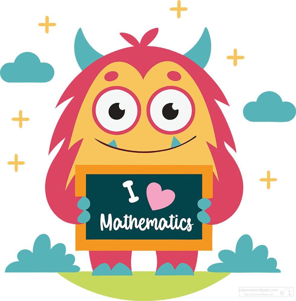 A vibrant monster smiles while holding a sign that expresses love for mathematics Surrounded by playful clouds and stars it captures the joy of education in a whimsical way