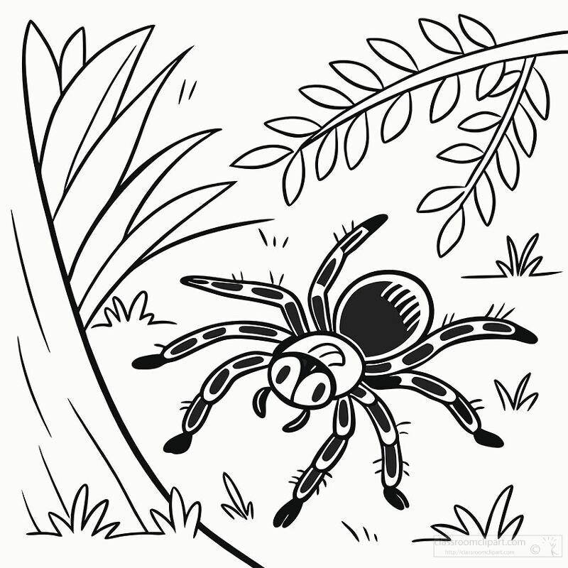 A whimsical spider scuttles through lush green foliage in a lively jungle The creatures details stand out against the backdrop of leaves and grass creating an enchanting atmosphere