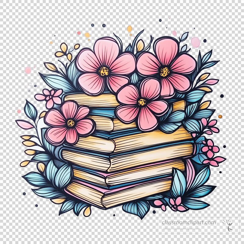 A vibrant stack of books rests at the center, adorned with delicate pink flowers and lush green leaves This decorative arrangement creates a harmonious blend of knowledge and nature, perfect for inspiring creativity and learning in any setting