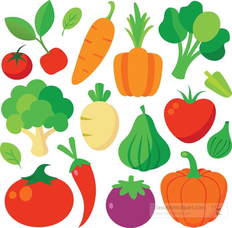 This vector design showcases a variety of vibrant vegetables including tomatoes carrots broccoli and pumpkin The colorful arrangement highlights healthy eating and natures bounty