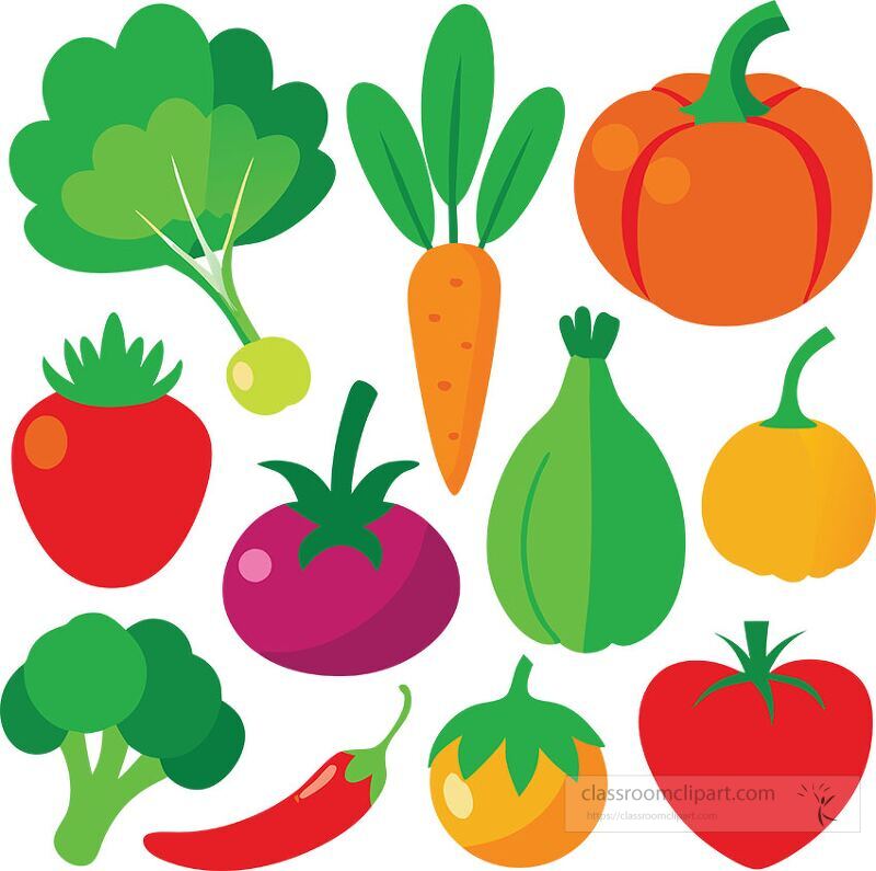 A vibrant arrangement of various vegetables including broccoli carrots tomatoes and peppers depicted in a clip art style The illustration uses bright colors against a white background