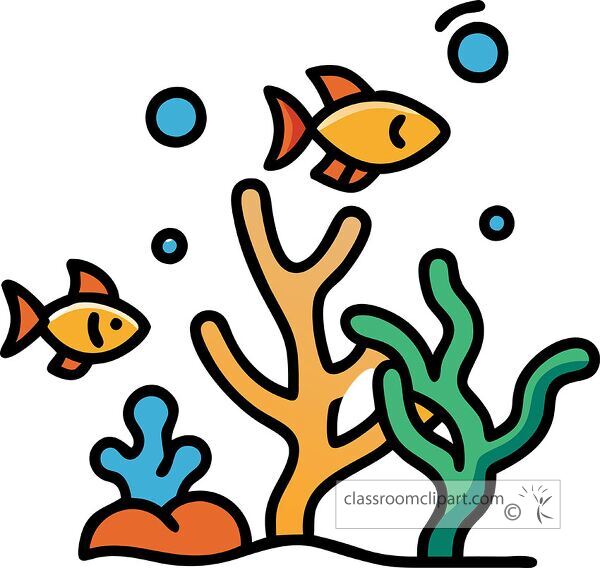 A colorful underwater scene featuring two cartoon fish swimming among coral reefs and bubbles.