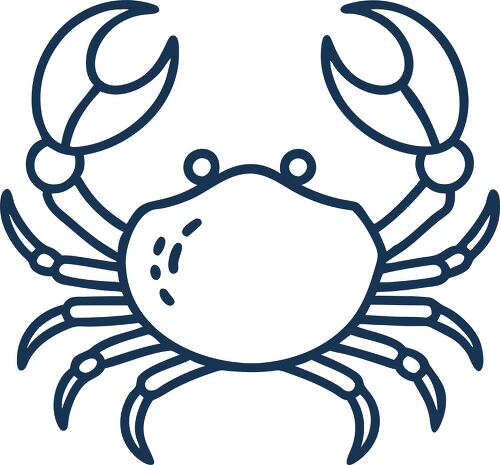 Outline illustration of a crab with distinct features and claws