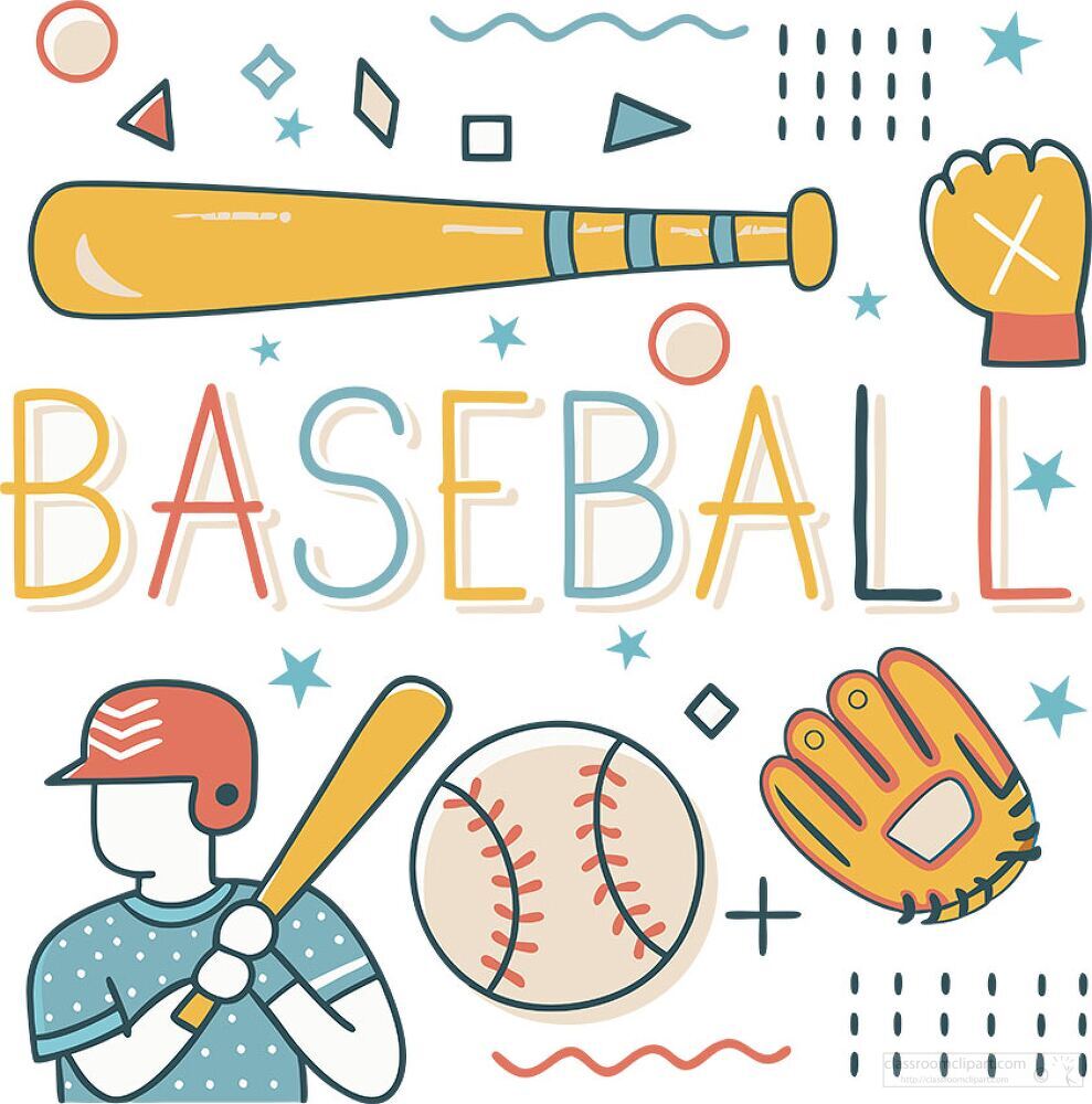 A vibrant illustration showcasing a baseball player ready to hit, surrounded by equipment like a bat, ball, and glove. The playful design captures the essence of the sport and its excitement.