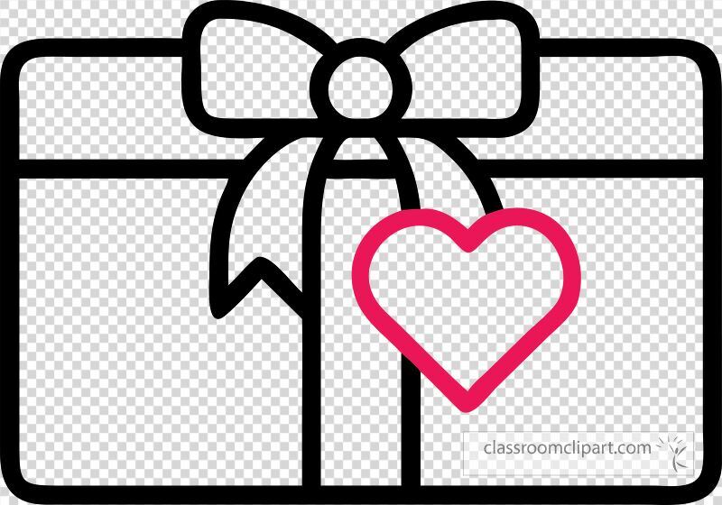 A charming gift box decorated with a bow and a heart tag symbolizes love and affection. This clip art design is ideal for Valentines Day greeting cards and decorations.